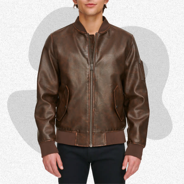 <p>Courtesy of Nordstrom</p><p>Can the best leather jacket be, well, not leather? For those who live the vegan lifestyle, a faux leather jacket is a must, and right now, Levi's is throwing down with their Varsity Faux Leather Bomber Jacket. </p><p>Considered a slim fit, this bomber keeps all the great qualities of its genuine leather counterparts without dragging the cow into the conversation. It features two side snap pockets, a bicep zip pocket, and cloth ribbing at the openings to lock in heat. It's hard to do it much better than Levi's this season in the faux department. </p><p>[$160; <a href="https://click.linksynergy.com/deeplink?id=b8woVWHCa*0&mid=1237&u1=mj-bestleatherjackets-jzavaleta-080423-update&murl=https%3A%2F%2Fwww.nordstrom.com%2Fs%2Fvarsity-faux-leather-bomber-jacket%2F6695423%3F" rel="nofollow noopener" target="_blank" data-ylk="slk:nordstrom.com;elm:context_link;itc:0;sec:content-canvas" class="link ">nordstrom.com</a>]</p>