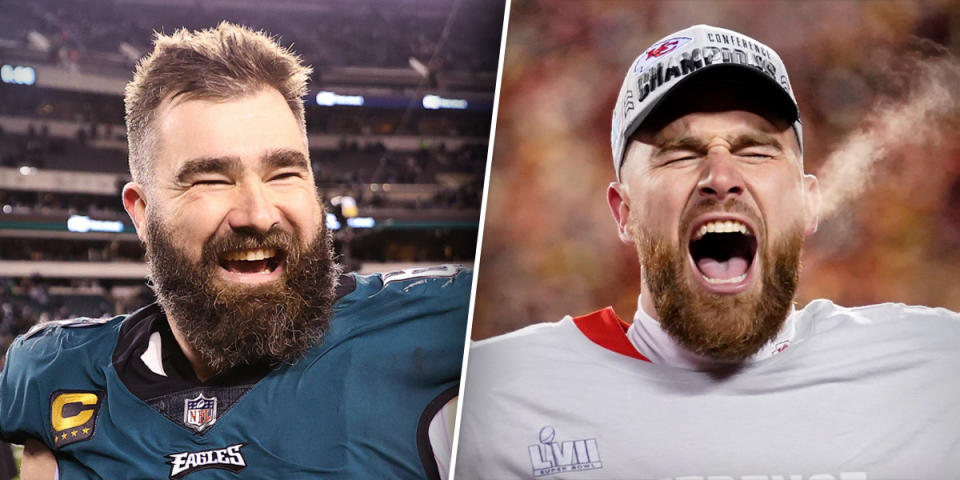 Jason Kelce of the Philadelphia Eagles, left, and his brother, Travis Kelce of the Kansas City Chiefs. (Getty Images; AP)