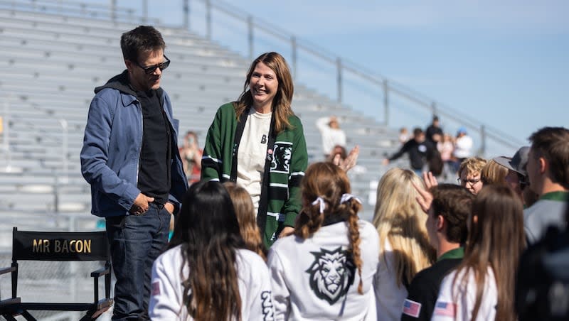 Students and community members, including Payson High School adviser Jenny Staheli, welcome "Footloose" actor Kevin Bacon to Payson High School and partake in a community kit-building program with Bacon’s charity Six Degrees in Payson on Saturday April 20, 2024.