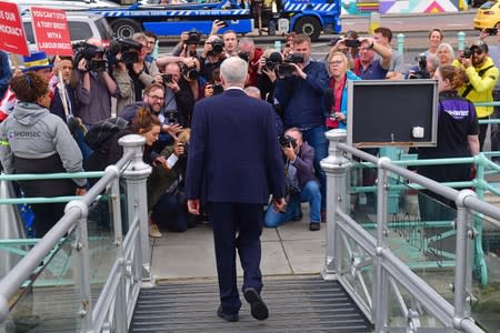 Britain's Labour party leader Jeremy Corbyn leaves after appearing on BBC TV's The Andrew Marr Show