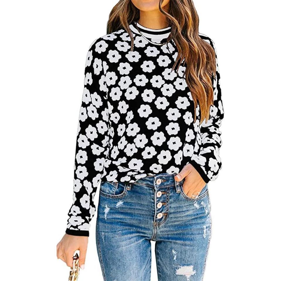 10) Knit Floral Print Pullover Sweater