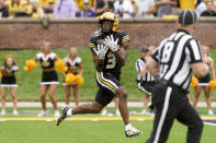 Missouri wide receiver Luther Burden III catches a touchdown pass during the first quarter of an NCAA college football game against Kansas State, Saturday, Sept. 16, 2023, in Columbia, Mo. (AP Photo/L.G. Patterson)