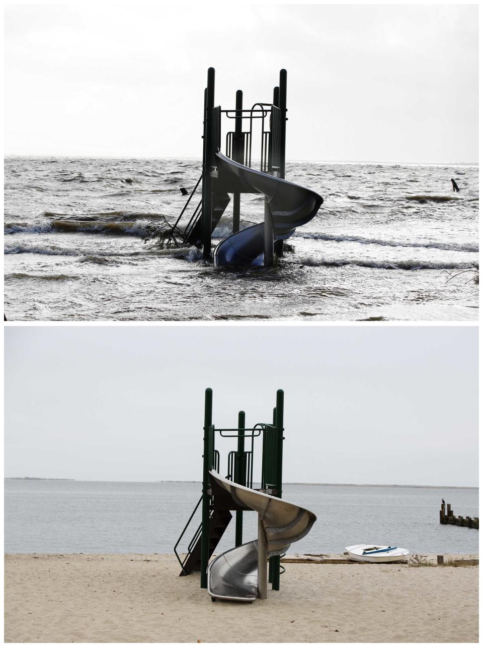 A combination photo shows a playground slide stands surrounded by the storm surge of Superstorm Sandy in 2012 and in 2013 in Bellport New York