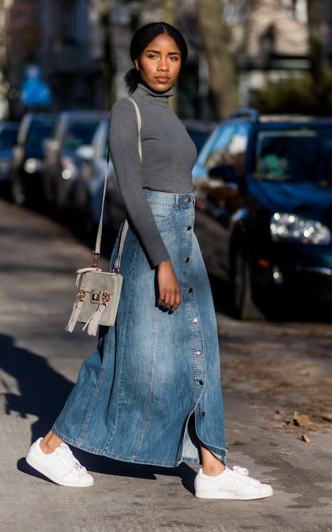 how to wear a denim skirt - Credit: Getty Images