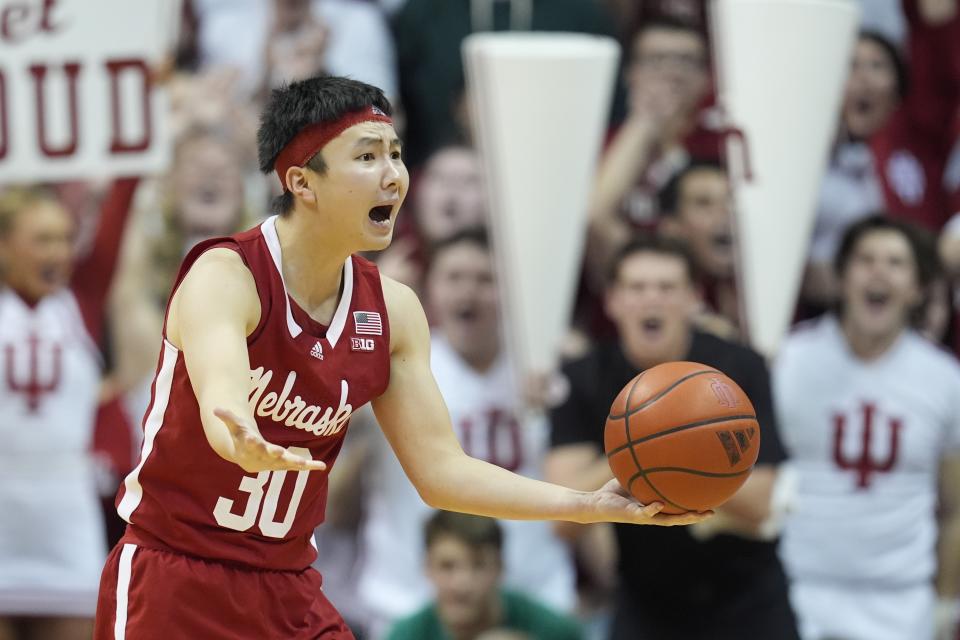 Nebraska guard Keisei Tominaga (30) reacts to a call during the second half of an NCAA college basketball game against Indiana, Wednesday, Feb. 21, 2024, in Bloomington, Ind. (AP Photo/Darron Cummings)