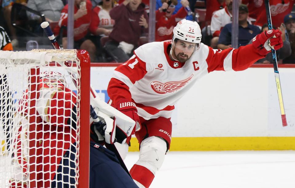 Detroit Red Wings' Dylan Larkin celebrates his tying goal on the power play against the Florida Panthers with four minutes remaining in the third period at Amerant Bank Arena on March 30, 2024 in Sunrise, Florida. The Panthers defeated the Red Wings 3-2 in a shootout.