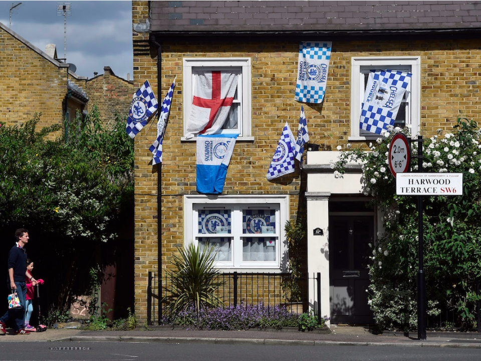 A house decorated with flags in Chelsea, London