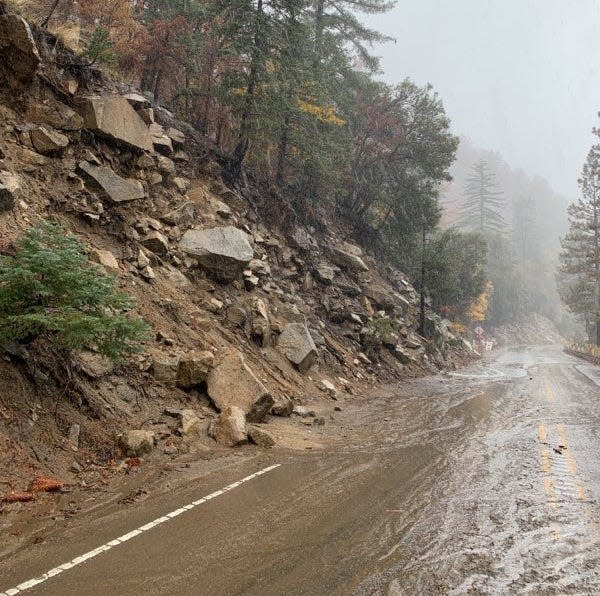 The San Bernardino Mountains on Tuesday faced road closures due to flooding, mudflows and rocks and debris on roadways, according to Caltrans.