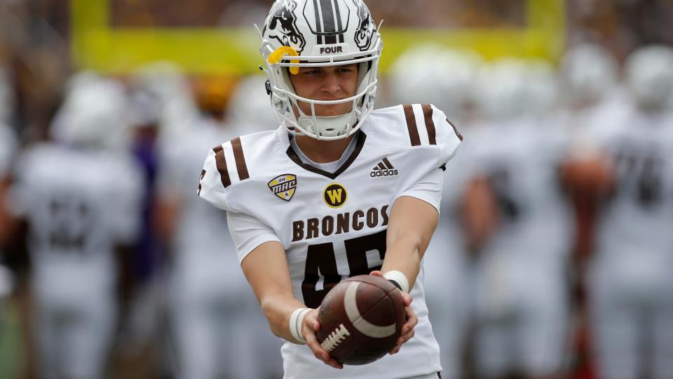 Western Michigan's Carson Voss, shown in 2021, averaged 39.6 yards per punt last season for the Broncos. The Dansville graduate is among the mid-year transfers who have joined the MSU football program. (AP Photo/Al Goldis)