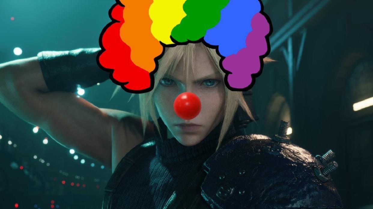  Cloud in the Final Fantasy 7 Remake wearing clown makeup 