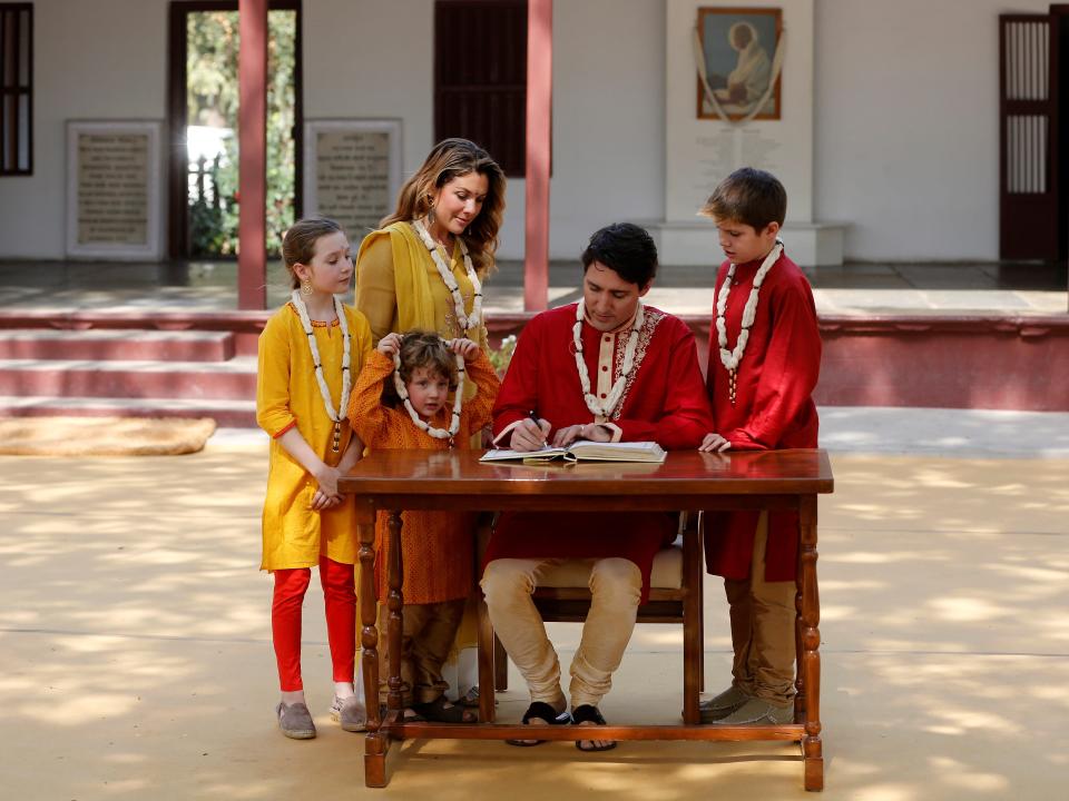 Canadian Prime Minister Justin Trudeau, Sophie Gregoire Trudeau, Ella Grace, Hadrien, and Xavier during their visit to Gandhi Ashram in Ahmedabad, India, February 19, 2018