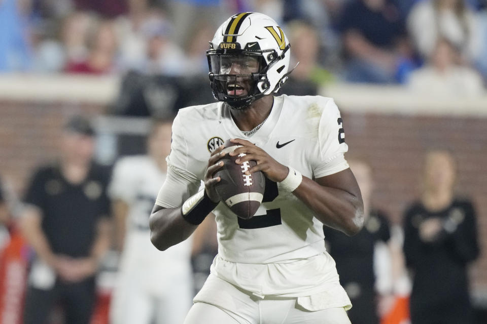 Vanderbilt quarterback Walter Taylor (2) sets up to pass against Mississippi during the second half of an NCAA college football game in Oxford, Miss., Saturday, Oct. 28, 2023. (AP Photo/Rogelio V. Solis)