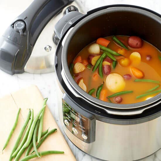 Start your meal on a healthy note with this vegetable soup recipe. Potatoes and onions make the slow cooker soup feel nice and hearty, while green beans and tomatoes offer a taste of summer.