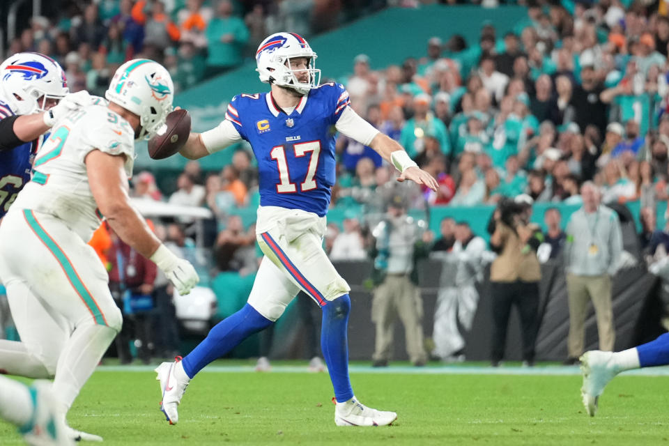 Buffalo Bills quarterback Josh Allen (17) is looking to lead another win over the Miami Dolphins. (Photo by Peter Joneleit/Icon Sportswire via Getty Images)