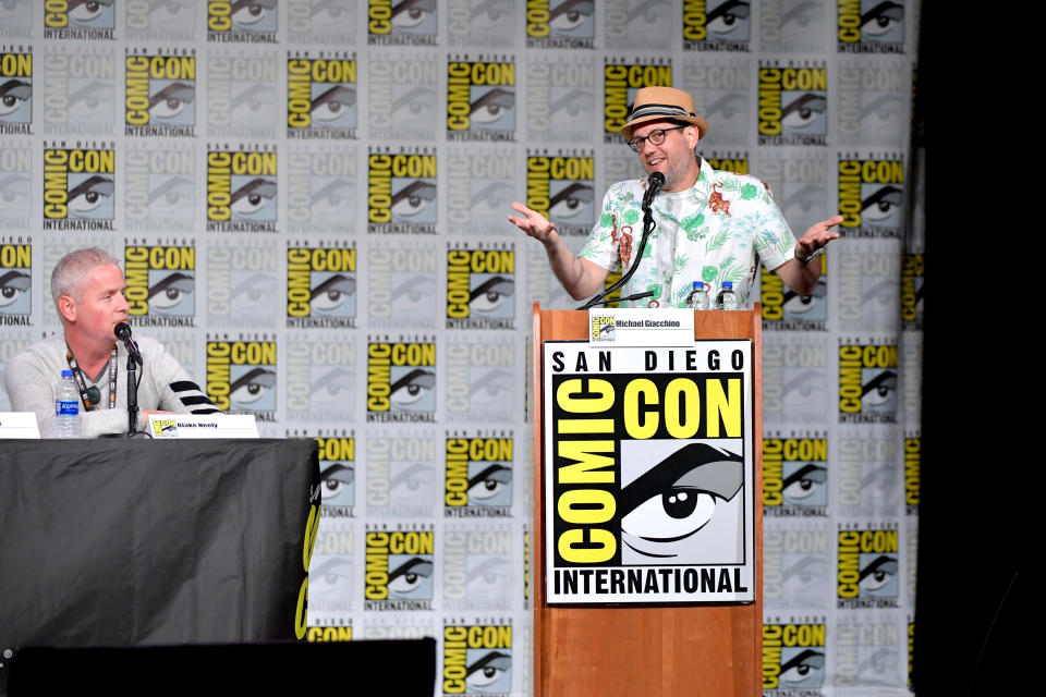 SAN DIEGO, CALIFORNIA - JULY 18: Blake Neely and Michael Giacchino speak at the "7th Annual Musical Anatomy Of A Superhero: Film And TV Composer" panel during 2019 Comic-Con International at San Diego Convention Center on July 18, 2019 in San Diego, California. (Photo by Amy Sussman/Getty Images)