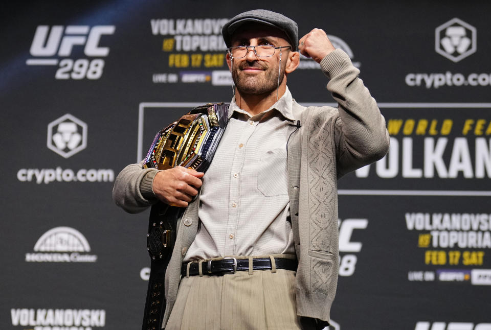 Alexander Volkanovski of Australia is seen on stage during the UFC 298 press conference 