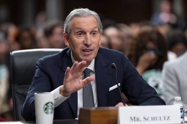 Former Starbucks CEO Howard Schultz testifying at a Senate hearing on the union campaign. Schultz disputed the charges and decisions against the company.