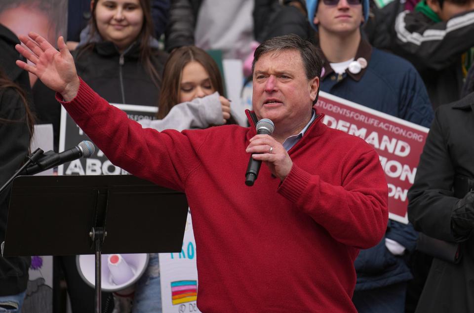 Indiana Attorney General Todd Rokita speaks at the Indiana March for Life anti-abortion demonstration on Jan. 23, 2023, in Indianapolis.