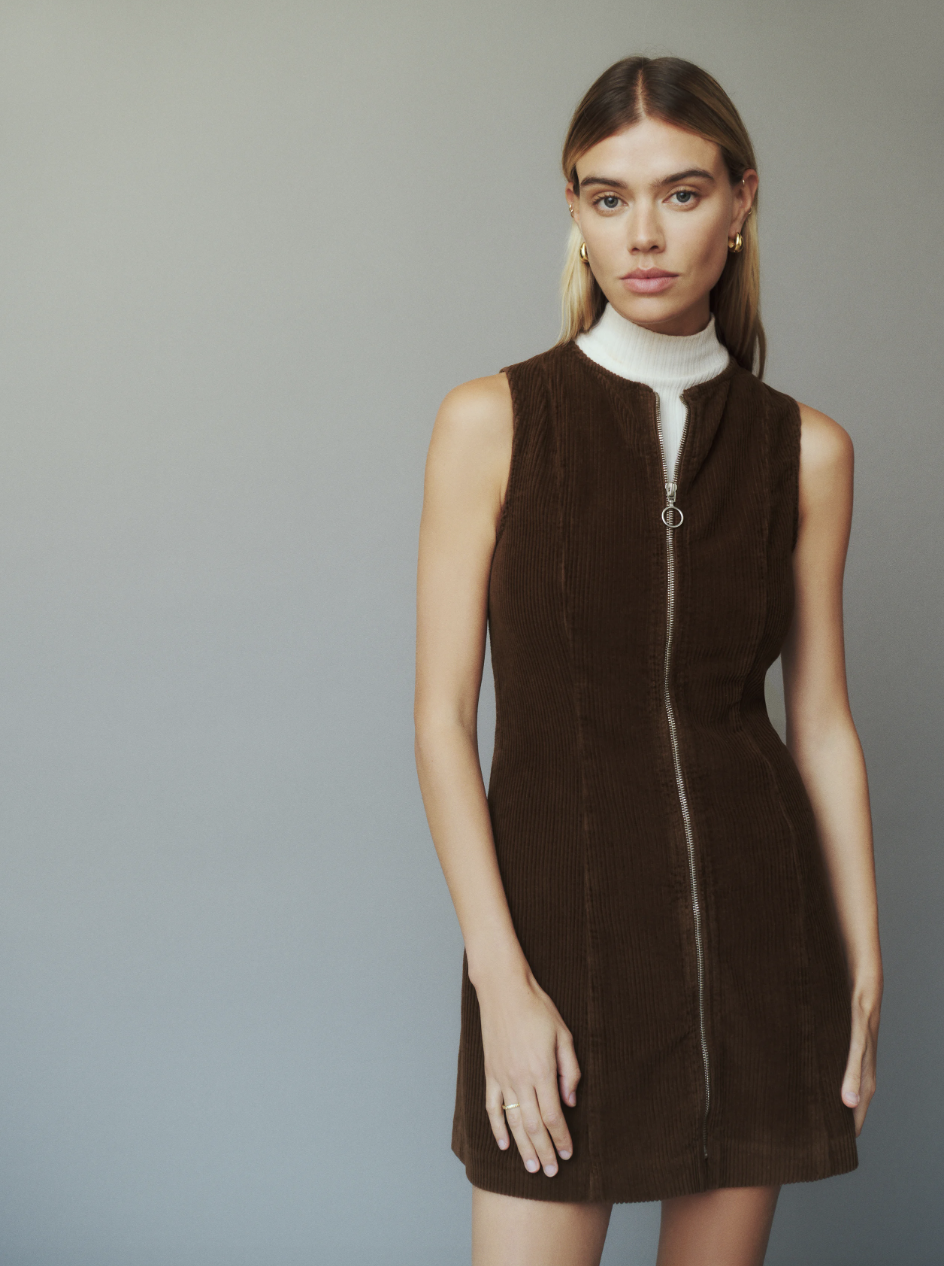 blonde model wearing white turtleneck and brown mini sleeveless dress, Suzie Corduroy Mini Dress (Photo via Reformation)