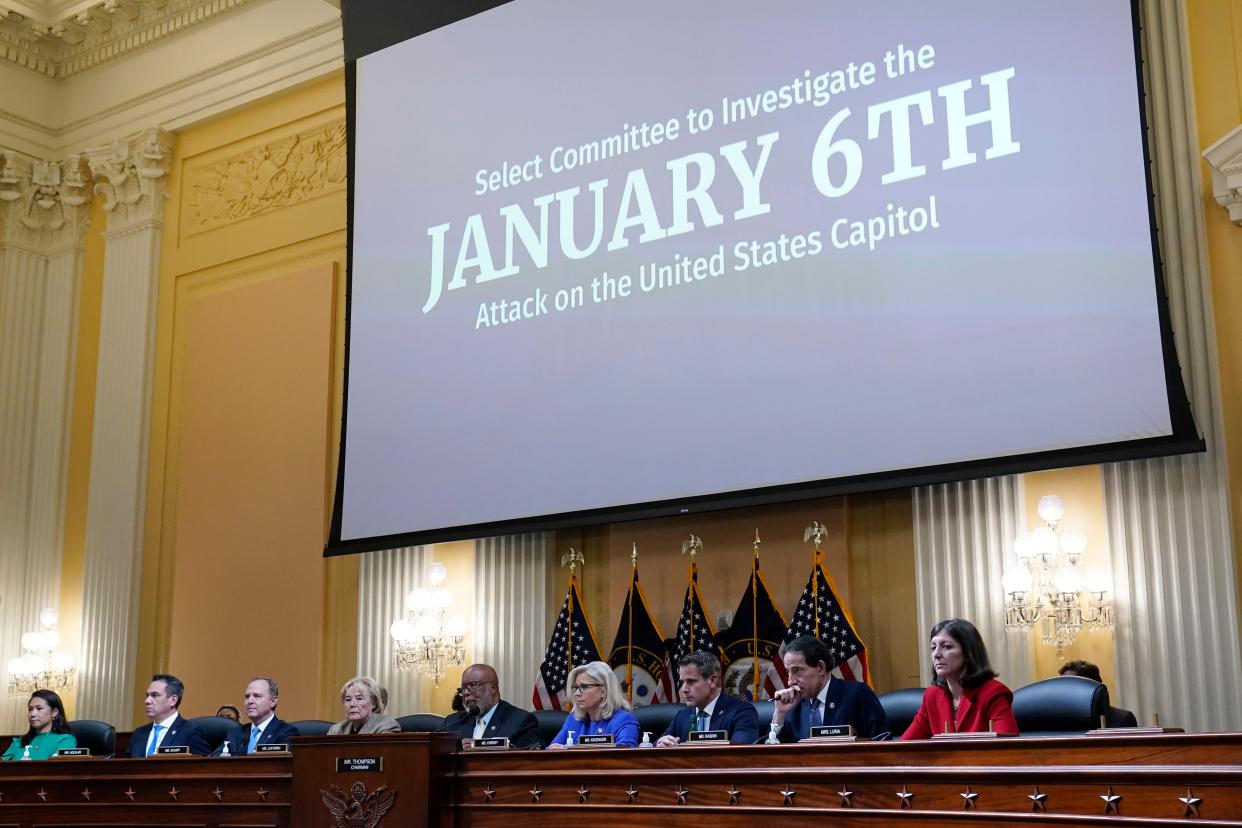 From left to right, Rep. Stephanie Murphy, D-Fla., Rep. Pete Aguilar, D-Calif., Rep. Adam Schiff, D-Calif., Rep. Zoe Lofgren, D-Calif., Chairman Bennie Thompson, D-Miss., Vice Chair Liz Cheney, R-Wyo., Rep. Adam Kinzinger, R-Ill., Rep. Jamie Raskin, D-Md., and Rep. Elaine Luria, D-Va., are seated as the House select committee investigating the Jan. 6 attack on the U.S. Capitol holds its first public hearing to reveal the findings of a year-long investigation, at the Capitol in Washington, Thursday, June 9, 2022.