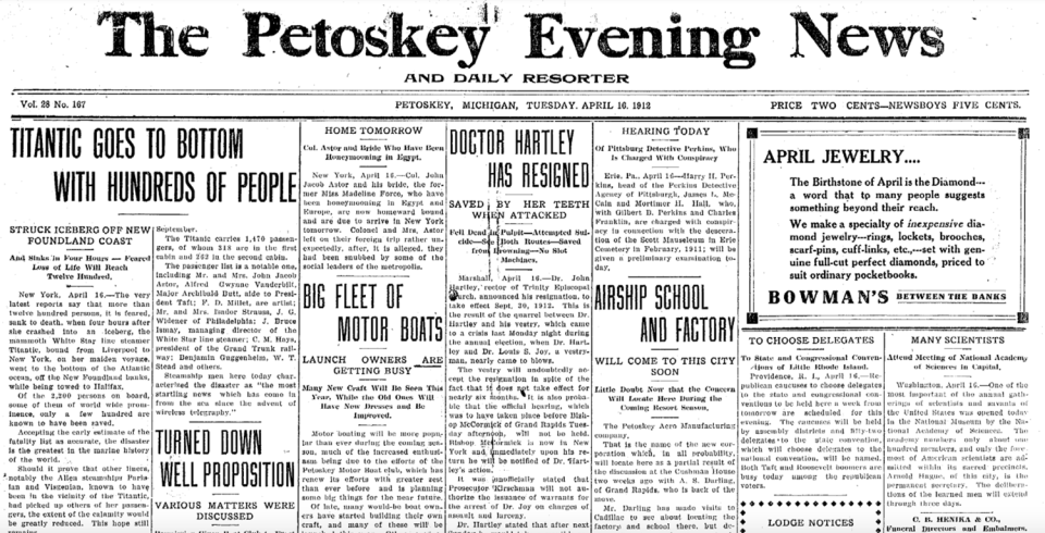 The April 16, 1912 edition of the Petoskey Evening News.