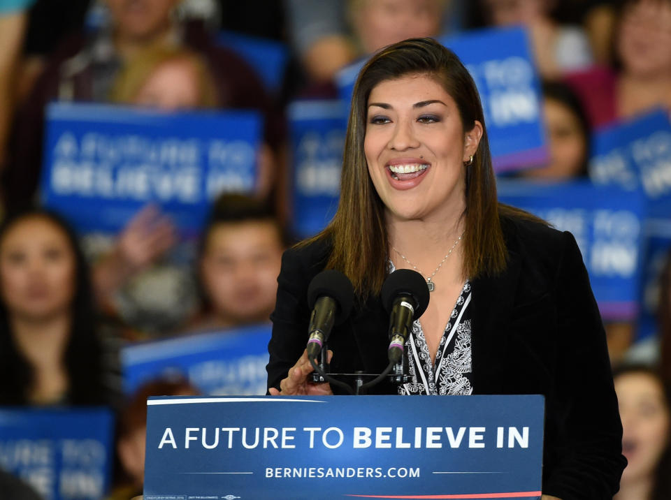 Former Nevada Assemblywoman Lucy Flores speaks at rally in Las Vegas for Sen. Bernie Sanders (I-Vt.) in February 2016. Flores has not endorsed Sanders -- or any other candidate -- in the 2020 presidential race. (Photo: Ethan Miller/Getty Images)