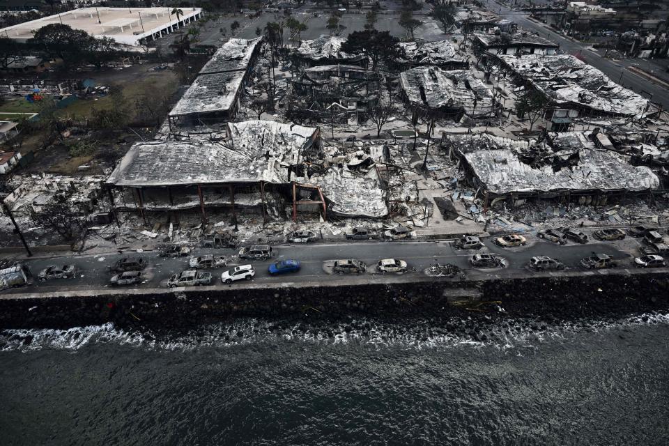 The fast-moving wildfire destroyed almost everything in its path, making it all the way to Lahaina's harbor area. / Credit: PATRICK T. FALLON/AFP via Getty Images