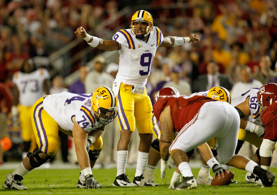 TUSCALOOSA, AL - NOVEMBER 05: Jordan Jefferson #9 of the LSU Tigers calls a play against the Alabama Crimson Tide during the first half of the game at Bryant-Denny Stadium on November 5, 2011 in Tuscaloosa, Alabama. (Photo by Streeter Lecka/Getty Images)