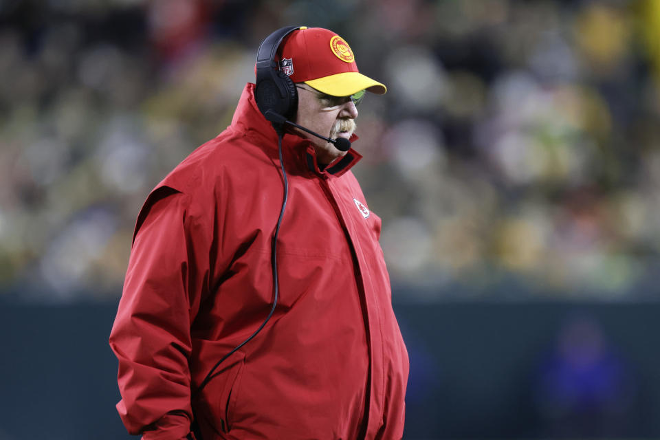 Kansas City Chiefs head coach Andy Reid watches against the Green Bay Packers during the first half of an NFL football game Sunday, Dec. 3, 2023 in Green Bay, Wis. (AP Photo/Matt Ludtke)