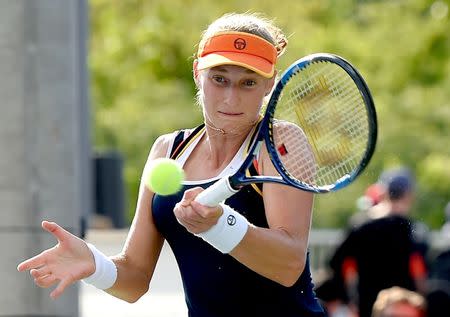 Aug 9, 2017; Toronto, Ontario, Canada; Ekaterina Makarova of Russia plays a shot against Johanna Konta of Great Britain (not pictured) during the Rogers Cup tennis tournament at Aviva Cen tre. Mandatory Credit: Dan Hamilton-USA TODAY Sports