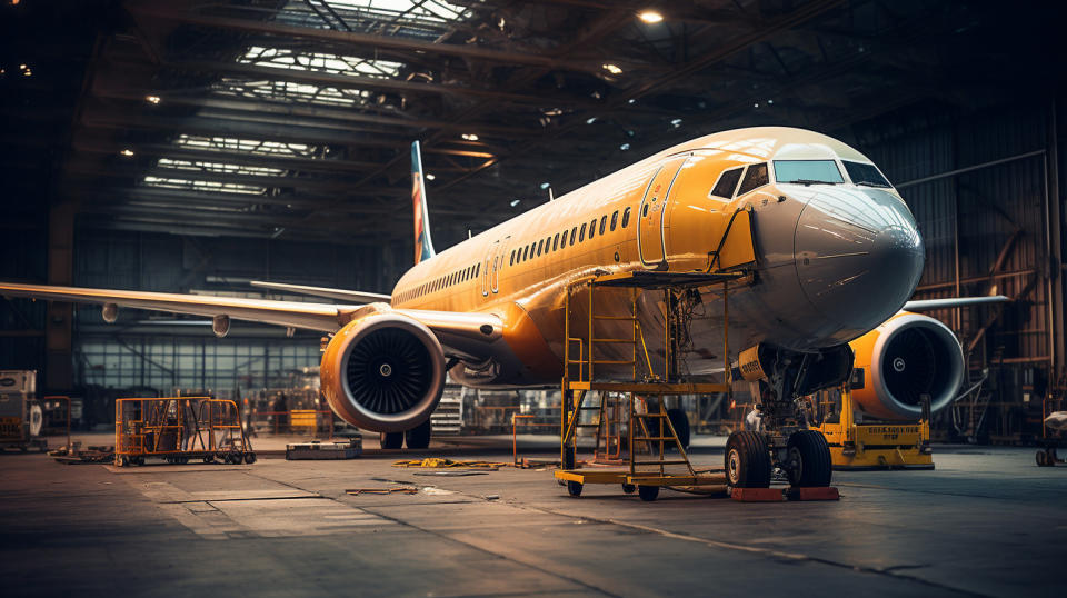 A commercial airliner being outfitted with pylons and struts, ensuring a safe flight.