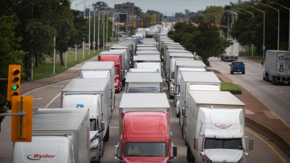 Tractor trailer traffic was backed up on Huron Church Road, which leads to the Ambassador Bridge, on Aug. 30, 2023. 