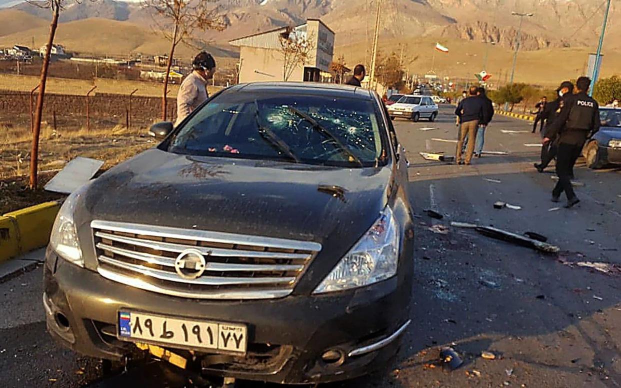 The damaged car of Iranian nuclear scientist Mohsen Fakhrizadeh after it was attacked near the capital Tehran - AFP