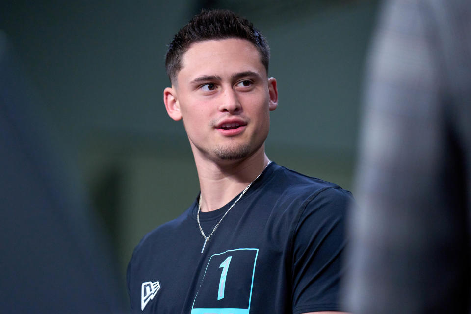 INDIANAPOLIS, IN - MARCH 05: San Diego State punter Matt Araiza answers questions from the media during the NFL Scouting Combine on March 5, 2022, at the Indiana Convention Center in Indianapolis, IN. (Photo by Robin Alam/Icon Sportswire via Getty Images)