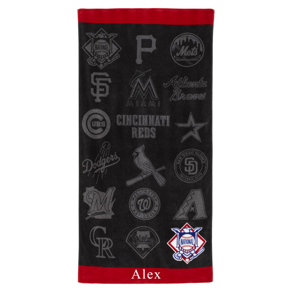 This product image released by Pottery Barn Teen shows MLB National league beach towel. Pottery Barn Teen has towels with surfer-cool designs like hibiscus flowers, Tiki prints and tie-dye patterns in summery hues, as well as sporty towels for baseball fans, with team logos. (AP Photo/Pottery Barn Teen)