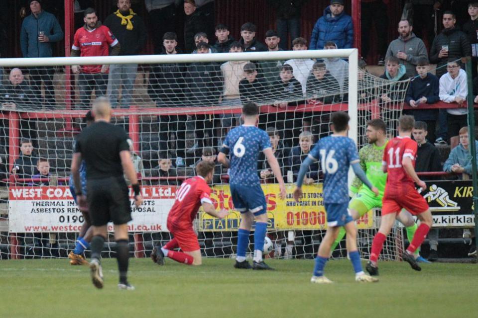 News and Star: United keeper Tomas Holy, on what could prove his last outing for the club, can only watch as Scott Allison scores the winner for Workington