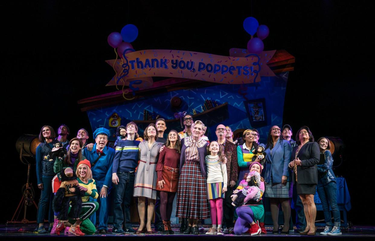 Rob McClure (Daniel Hillard as Euphegenia Doubtfire), center, with ensemble in the Original Broadway Cast of “Mrs. Doubtfire.”