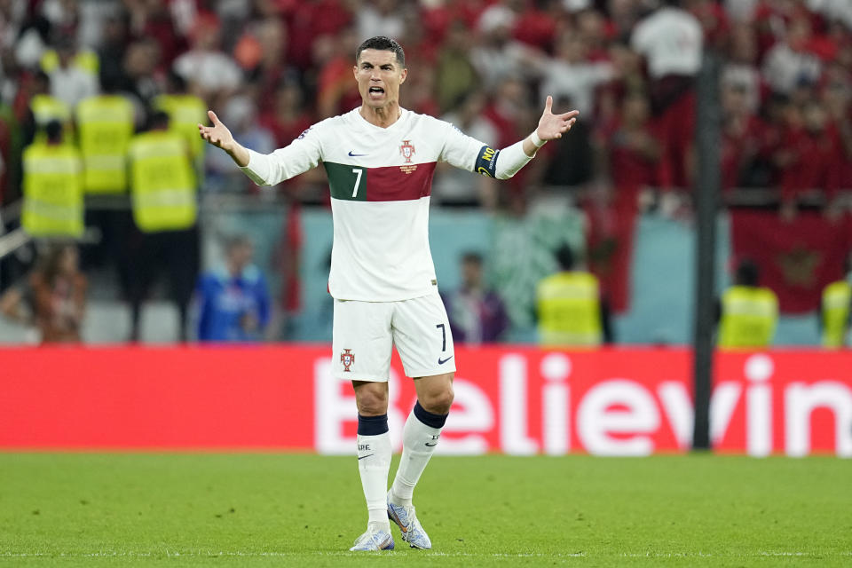 Portugal's Cristiano Ronaldo reacts during the World Cup quarterfinal soccer match between Morocco and Portugal, at Al Thumama Stadium in Doha, Qatar, Saturday, Dec. 10, 2022. (AP Photo/Ebrahim Noroozi)