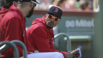 Boston Red Sox right fielder Mookie Betts, right, talks with pitcher David Price during the second inning of a baseball game against the San Francisco Giants at Fenway Park in Boston, Thursday, Sept. 19, 2019. (AP Photo/Charles Krupa)