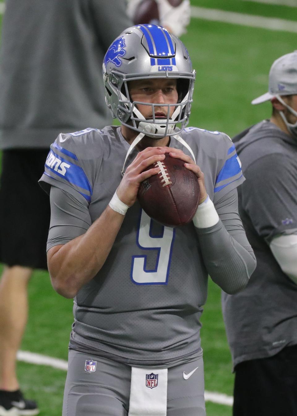 Detroit Lions quarterback Matthew Stafford warms up before action against the Tampa Bay Buccaneers, Saturday, Dec. 26, 2020 at Ford Field.