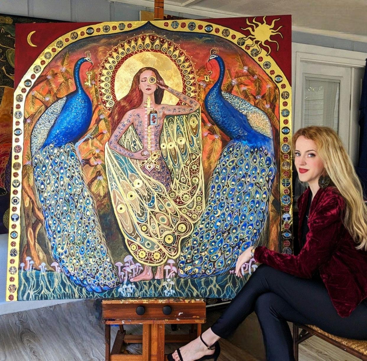 Isabella Al-Sharif with her painting "Through the Looking Glass" 60"x 60" Acrylic & Gold leaf on Canvas. Her new exhibit, “Her Temple,” opens at LeMoyne Arts on Aug. 22, 2024.