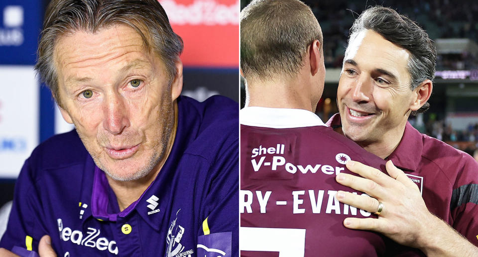 Pictured right to left, Maroons mentor Billy Slater and Storm coach Craig Bellamy.