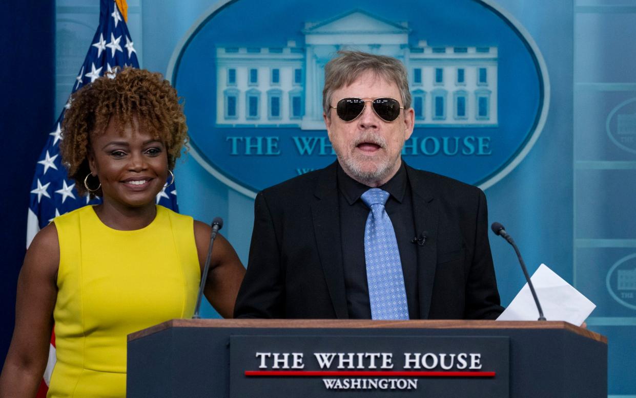 Mark Hamill, right, joins White House press secretary Karine Jean-Pierre