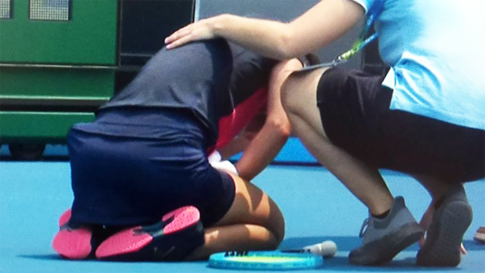 Slovenian player Dalila Jakupovic is pictured shortly before retiring from the Australian Open qualifying tournament, after suffering a coughing fit.