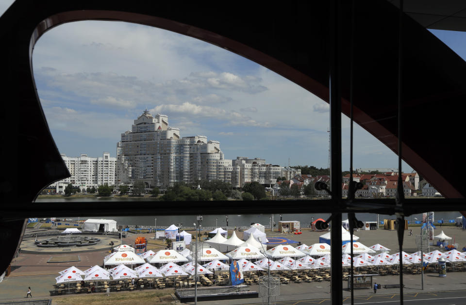 In this photo taken on Wednesday, June 19, 2019, the fan-zone for European Games supporters seen in downtown Minsk, Belarus. Shrunken in size and struggling for attention, the European Games open Friday in Belarus which is one of the continent’s most isolated countries. There was a lavish inaugural event in Azerbaijan four years ago with the opening ceremony alone costing $95 million and starring Lady Gaga. But it wasn’t enough to attract many big-name athletes to Minsk for this year’s event. (AP Photo/Sergei Grits)