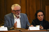 Britain's former leader of the Labour Party Jeremy Corbyn, left, and Stella Moris, partner of Julian Assange, attend the 'Belmarsh Tribunal', at Church House in London, Friday, Oct. 22, 2021. Progressive International holds what it calls the 'Belmarsh Tribunal' as it 'turns the tables in the extradition hearing against Julian Assange' on the U.S. The British Government begins its appeal on Wednesday of the High Court decision to block the extradition of the WikiLeaks founder from the UK.(AP Photo/Alberto Pezzali)