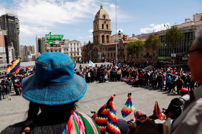 Supporters of former Bolivia's President Evo Morales meet in the Plaza Mayor, as part of the protests in La Paz