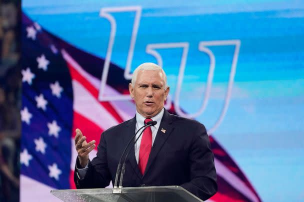 PHOTO: Former Vice President Mike Pence gestures as he addresses the Convocation at Liberty University, Sept. 14, 2022, in Lynchburg, Va. (Steve Helber/AP)