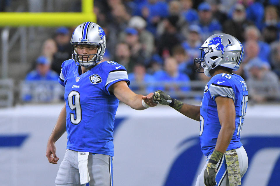 Detroit, MI - NOVEMBER 20: Detroit Lions quarterback Matthew Stafford (9) and Detroit Lions wide receiver Golden Tate (15) fist bump after getting first down during the NFL football game between the Jacksonville Jaguars and Detroit Lions on November 20, 2016, at Ford Field in Detroit, Michigan.  (Photo by Steven King/Icon Sportswire via Getty Images)