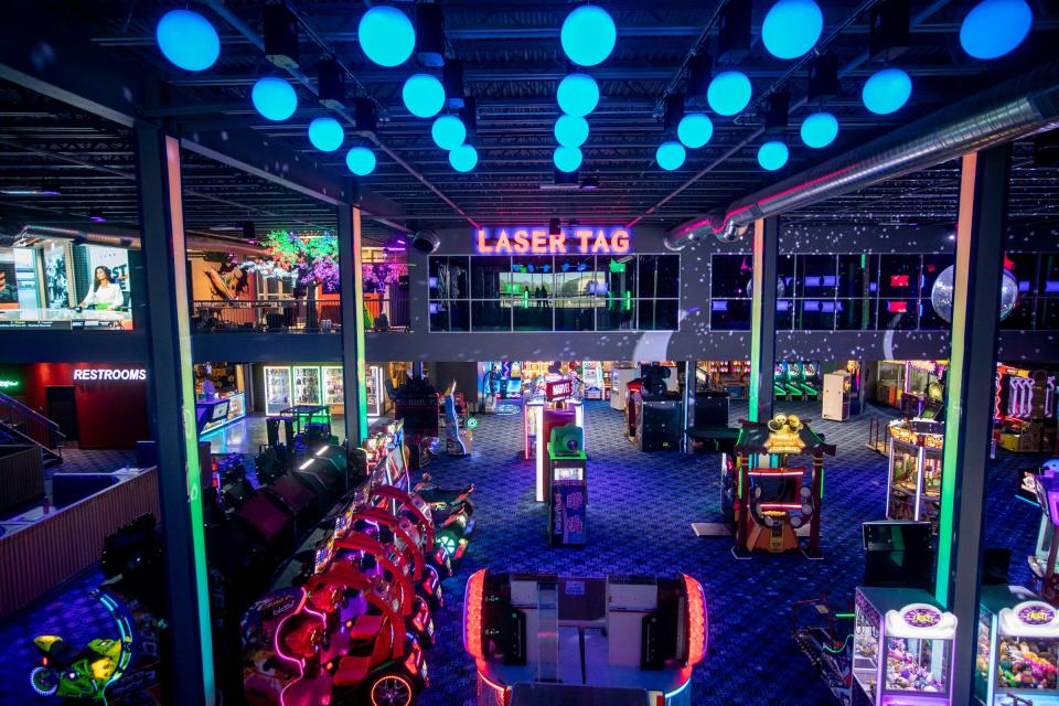 A view of the first floor at Best In Games in Ypsilanti on \May 16, 2022. Best In Games is a new 74,000 square foot facility with an arcade, two restaurants, axe throwing, laser tag, football bowling, go karts, glow golf, and trampolines.